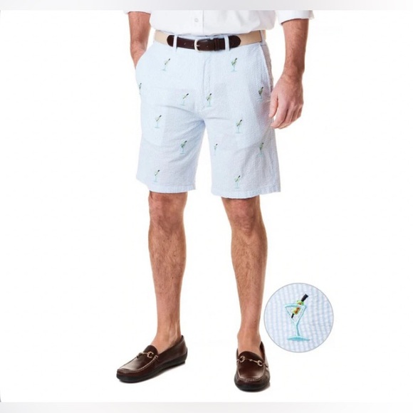 Castaway Other - Castaway Nantucket Embroidered Shorts Blue Seersucker w/ Martini Glasses—40